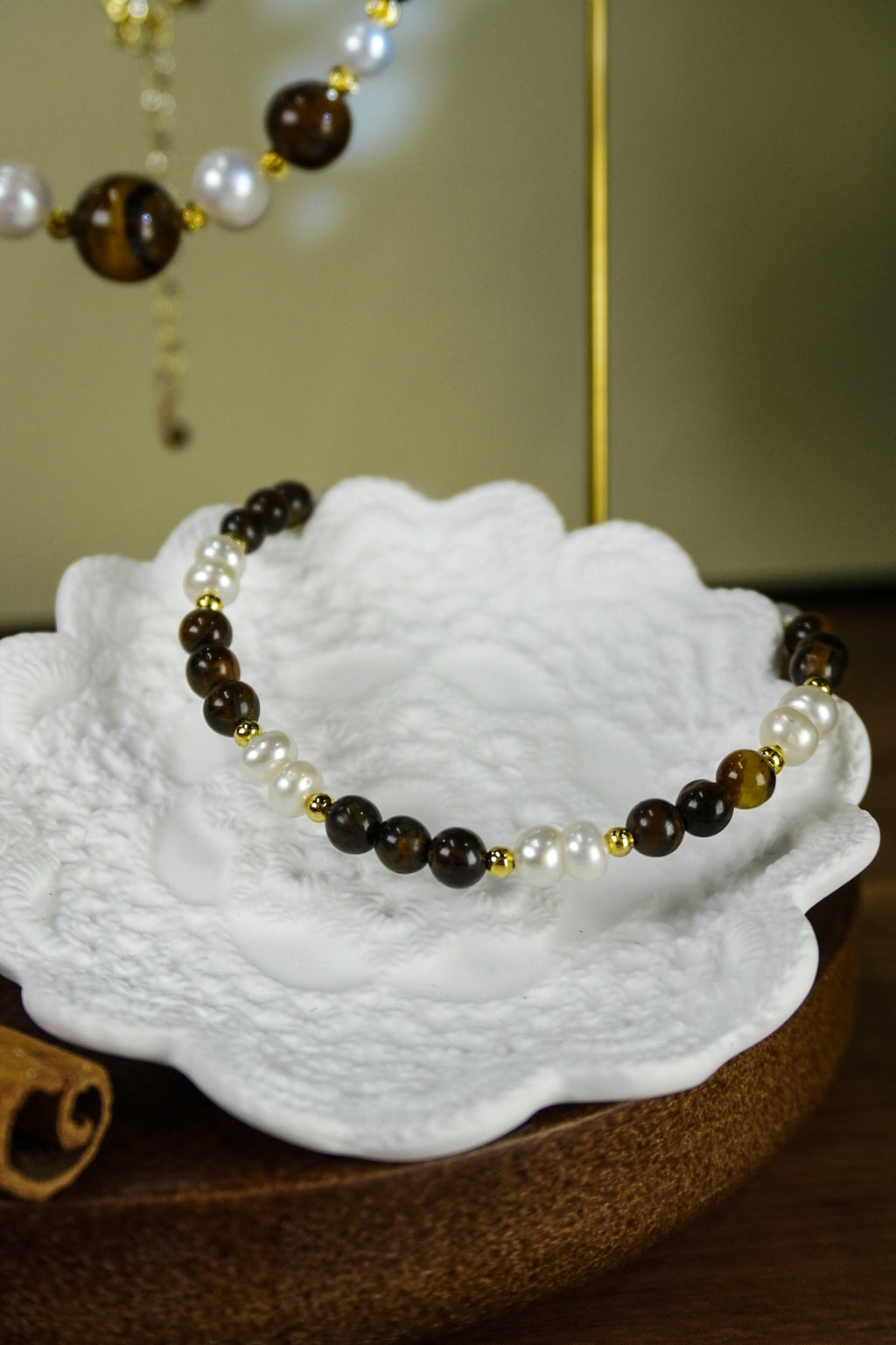 Double Layer Tiger Eye Stone & Freshwater Pearl Necklace Bracelet 2Pcs Jewelry Set, Handmade Gold-Plated Brass Beaded Set for Women