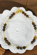 Double Layer Tiger Eye Stone & Freshwater Pearl Necklace Bracelet 2Pcs Jewelry Set, Handmade Gold-Plated Brass Beaded Set for Women