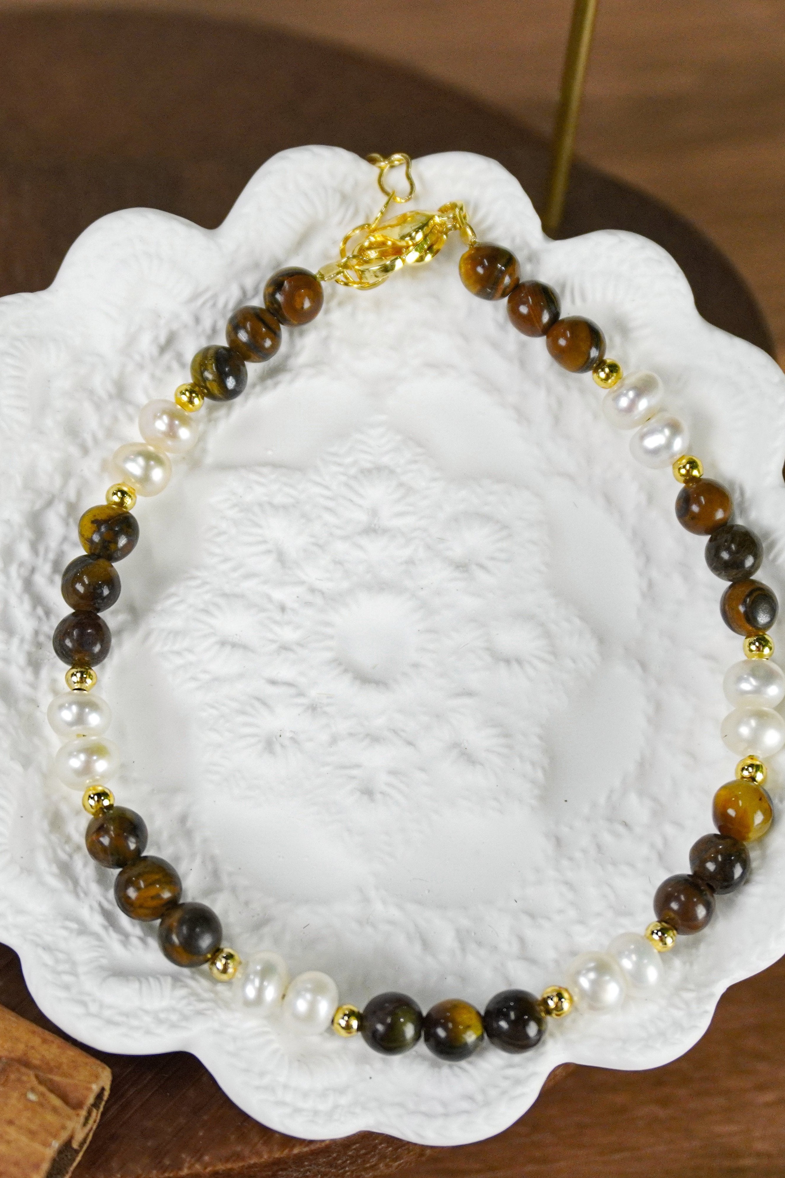 Double Layer Tiger Eye Stone & Freshwater Pearl Necklace Bracelet 2Pcs Jewelry Set, Handmade Gold-Plated Brass Beaded Set for Women