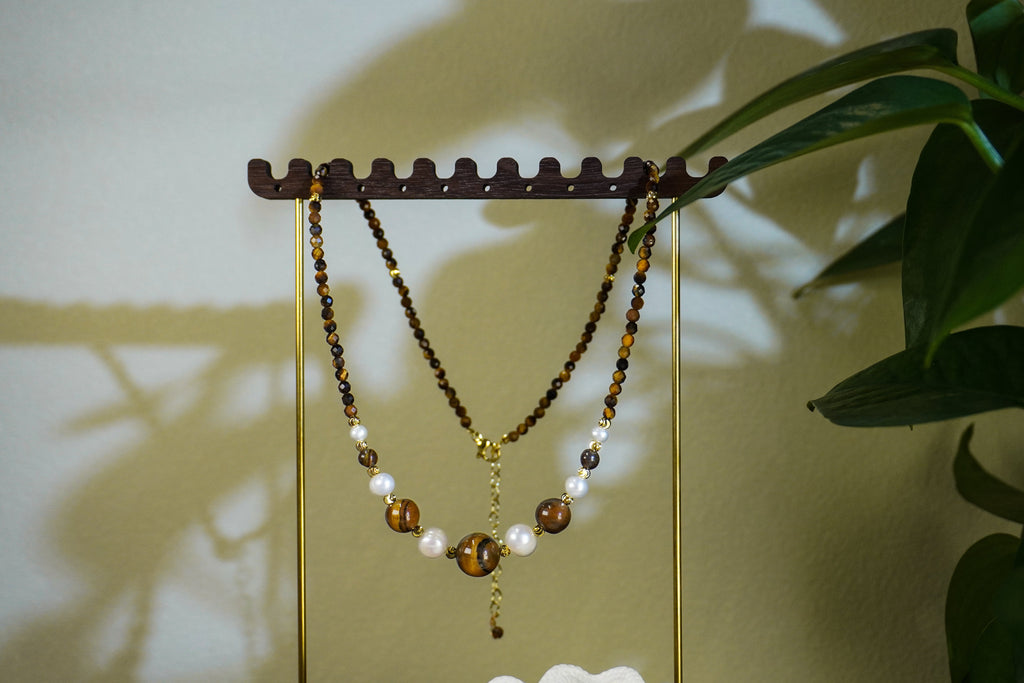 Double Layer Tiger Eye Stone & Freshwater Pearl Necklace Bracelet 2Pcs Jewelry Set, Handmade Gold-Plated Brass Beaded Set for Women
