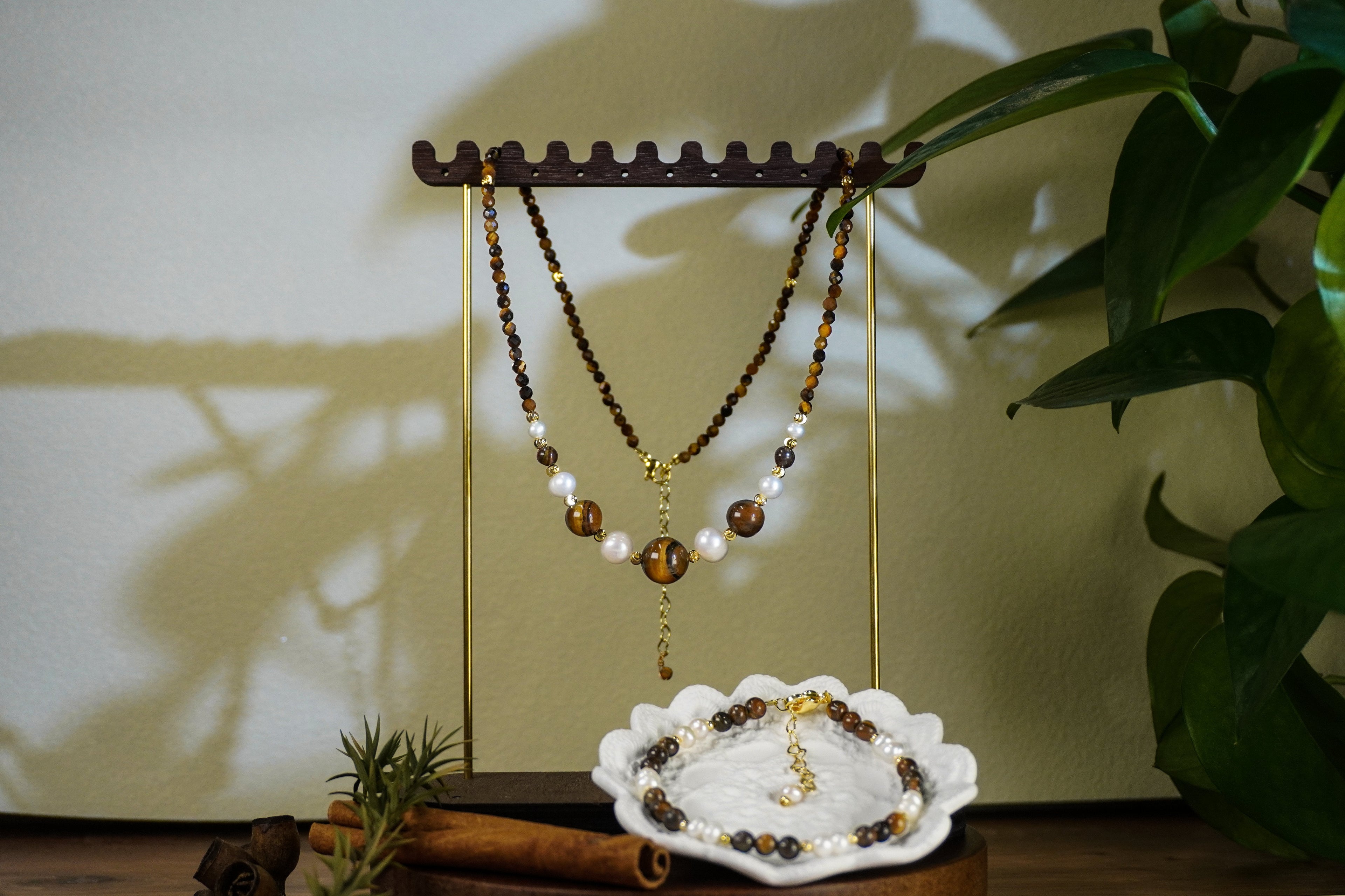 Double Layer Tiger Eye Stone & Freshwater Pearl Necklace Bracelet 2Pcs Jewelry Set, Handmade Gold-Plated Brass Beaded Set for Women