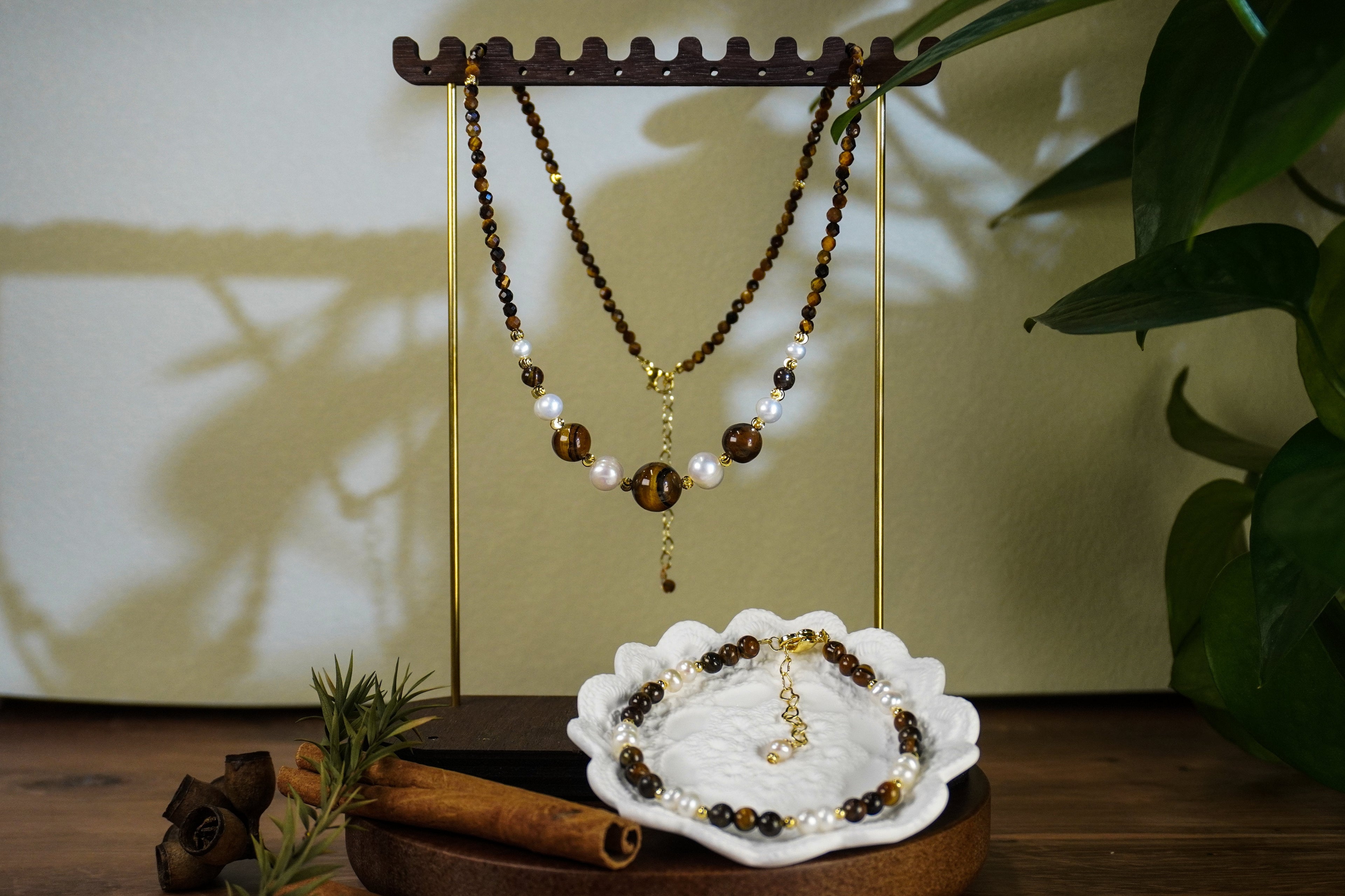 Double Layer Tiger Eye Stone & Freshwater Pearl Necklace Bracelet 2Pcs Jewelry Set, Handmade Gold-Plated Brass Beaded Set for Women