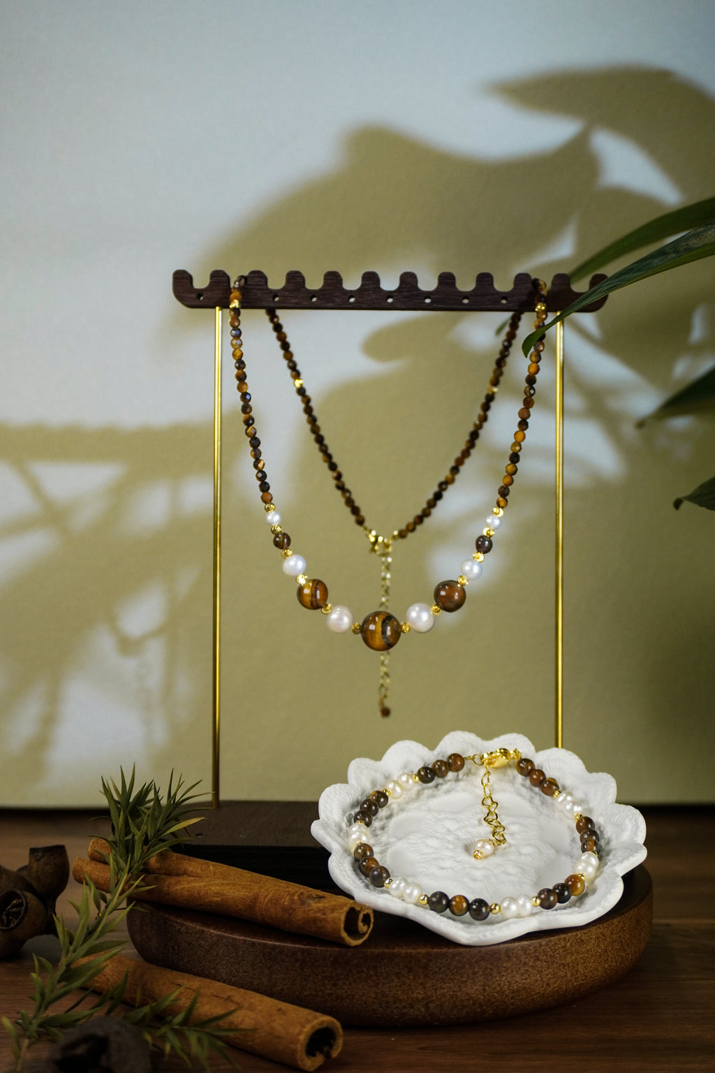 Double Layer Tiger Eye Stone & Freshwater Pearl Necklace Bracelet 2Pcs Jewelry Set, Handmade Gold-Plated Brass Beaded Set for Women