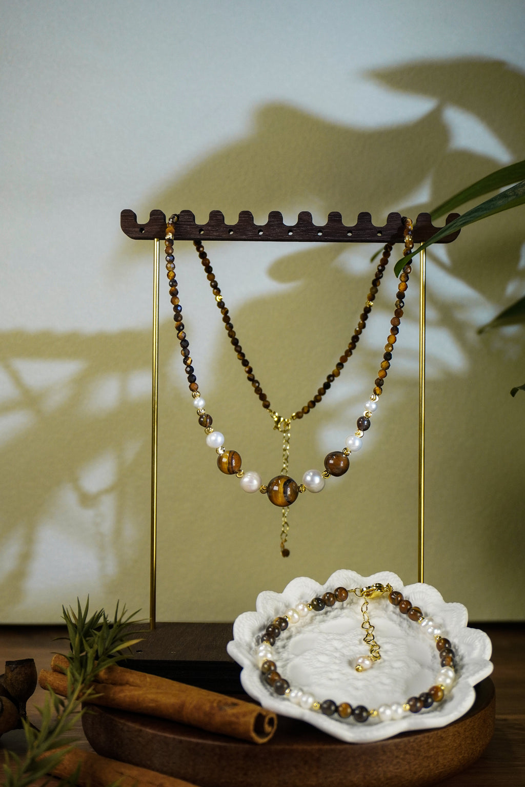 Double Layer Tiger Eye Stone & Freshwater Pearl Necklace Bracelet 2Pcs Jewelry Set, Handmade Gold-Plated Brass Beaded Set for Women