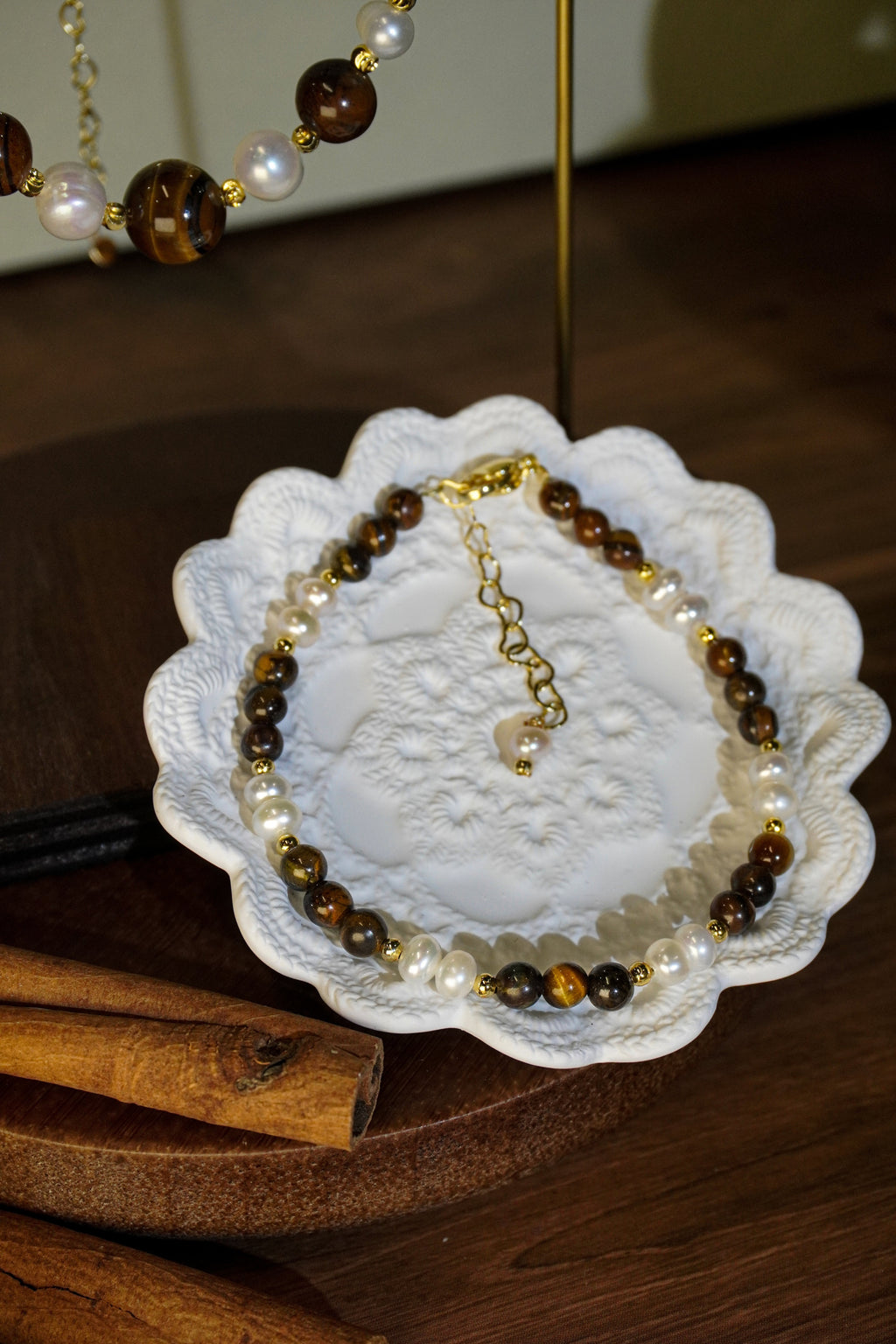 Double Layer Tiger Eye Stone & Freshwater Pearl Necklace Bracelet 2Pcs Jewelry Set, Handmade Gold-Plated Brass Beaded Set for Women
