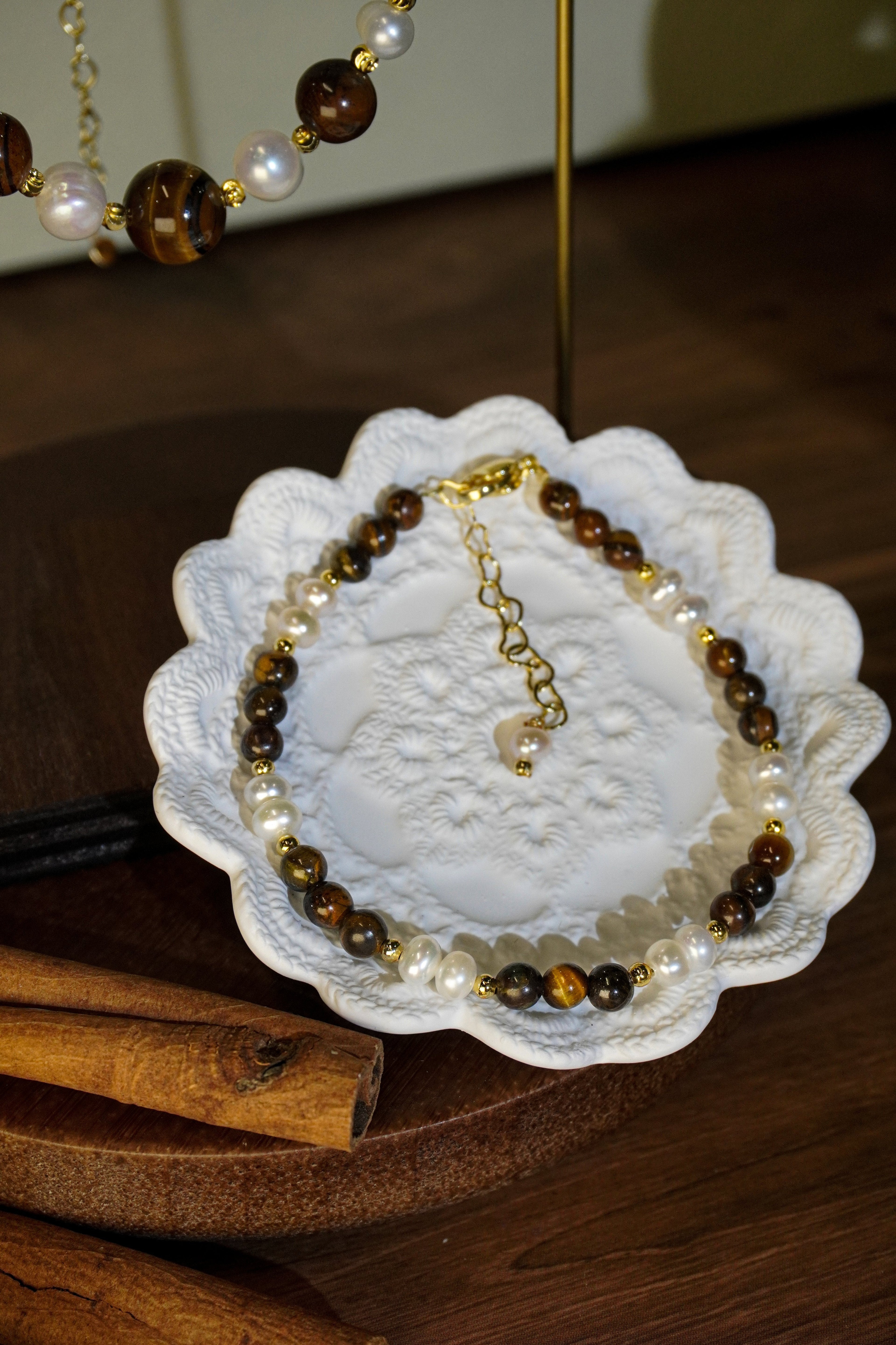 Double Layer Tiger Eye Stone & Freshwater Pearl Necklace Bracelet 2Pcs Jewelry Set, Handmade Gold-Plated Brass Beaded Set for Women