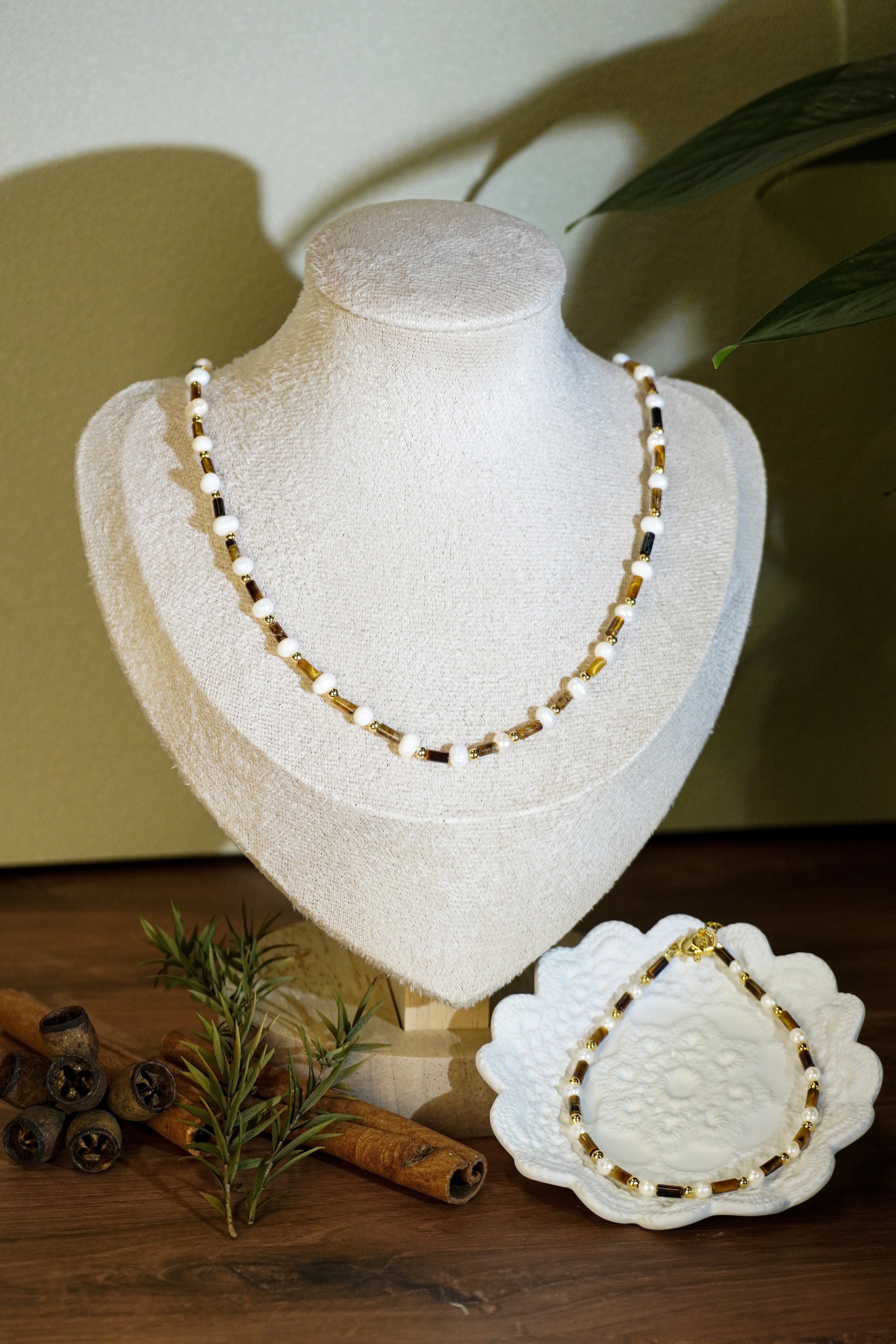 Tiger Eye Stone & Natural Pearl Beaded Necklace Bracelet Set, Gold-Plated Brass Handmade Two-Piece Jewelry Set for Women