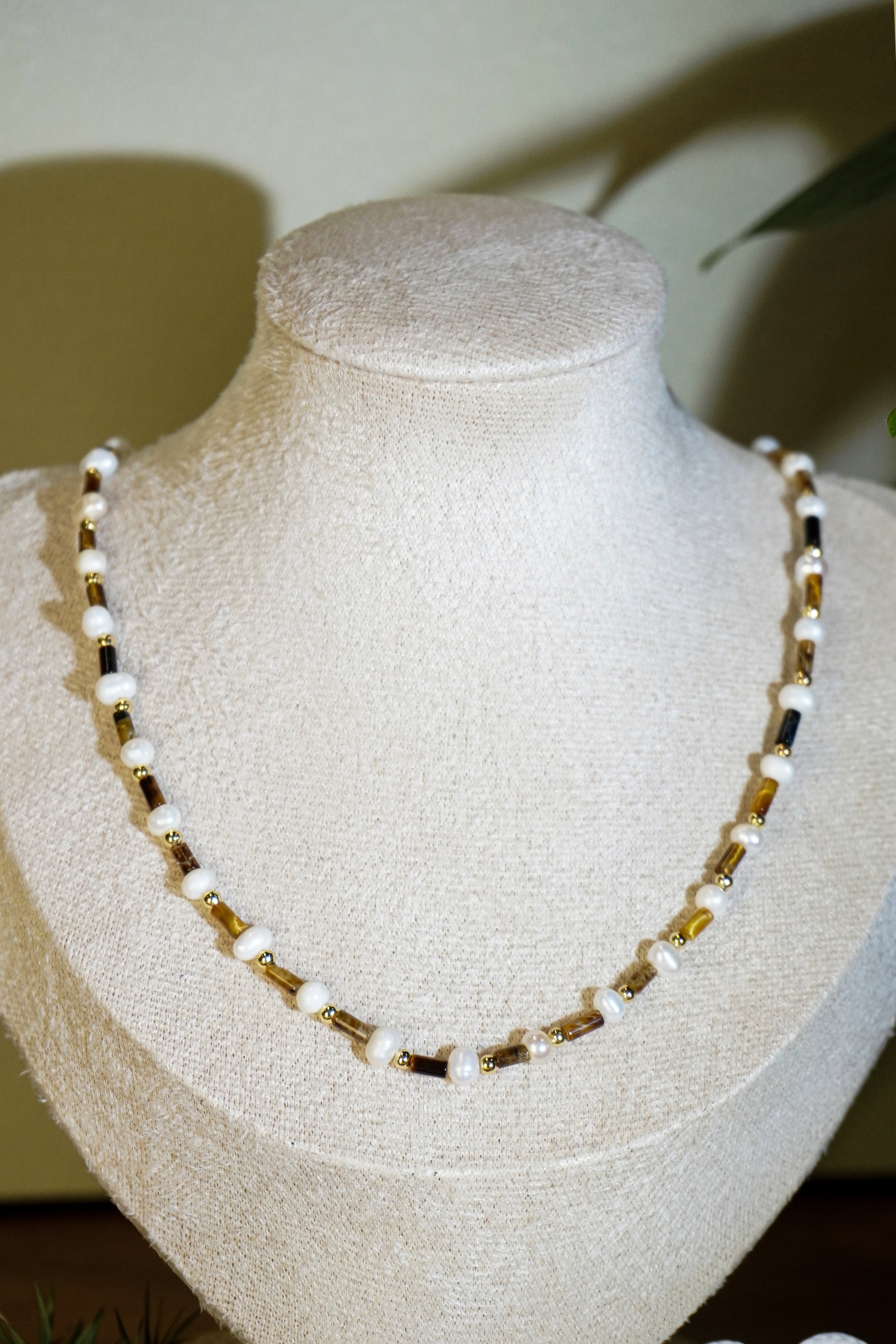 Tiger Eye Stone & Natural Pearl Beaded Necklace Bracelet Set, Gold-Plated Brass Handmade Two-Piece Jewelry Set for Women