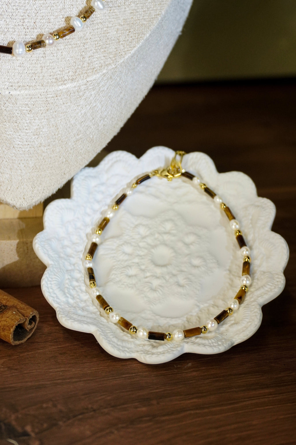 Tiger Eye Stone & Natural Pearl Beaded Necklace Bracelet Set, Gold-Plated Brass Handmade Two-Piece Jewelry Set for Women
