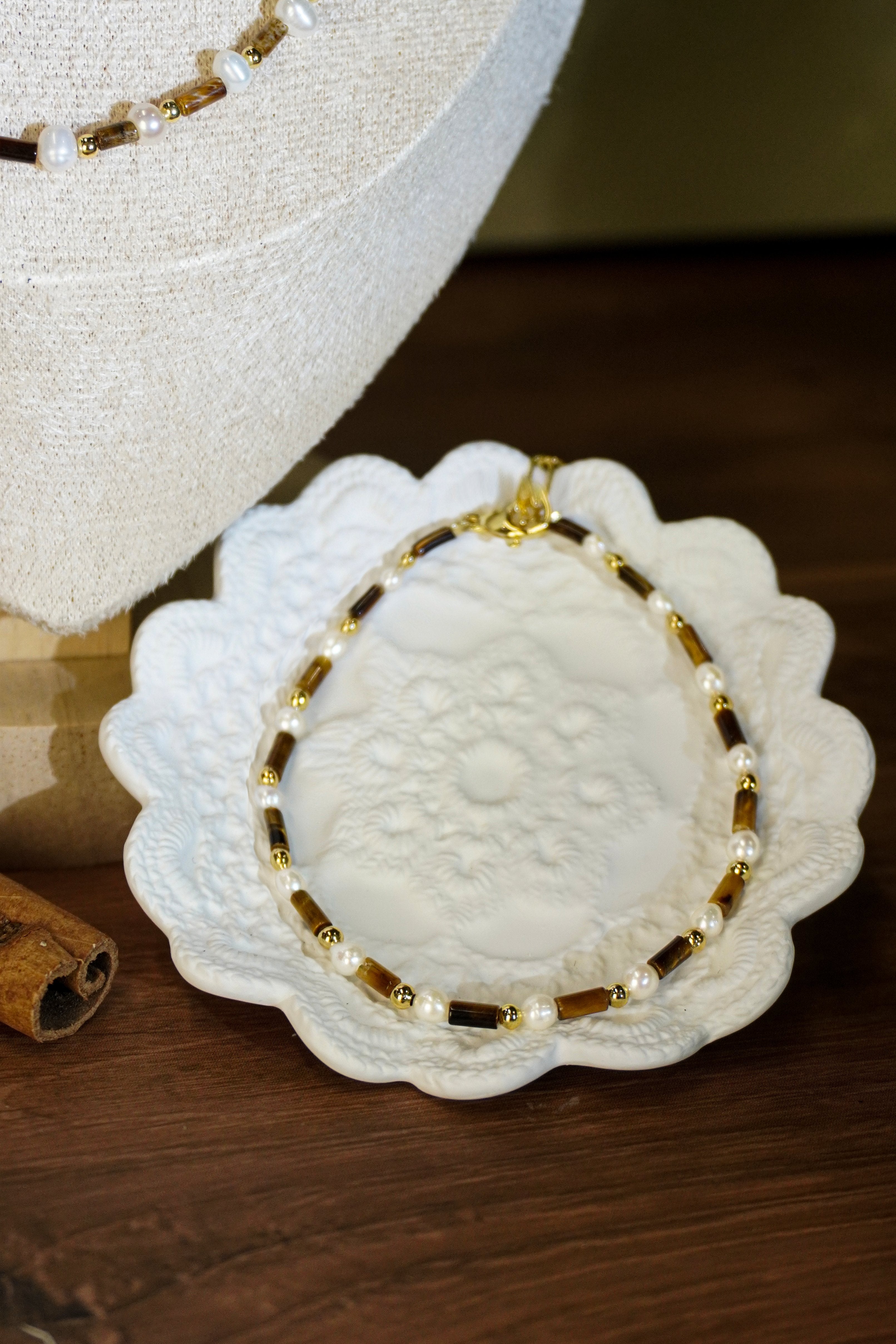Tiger Eye Stone & Natural Pearl Beaded Necklace Bracelet Set, Gold-Plated Brass Handmade Two-Piece Jewelry Set for Women