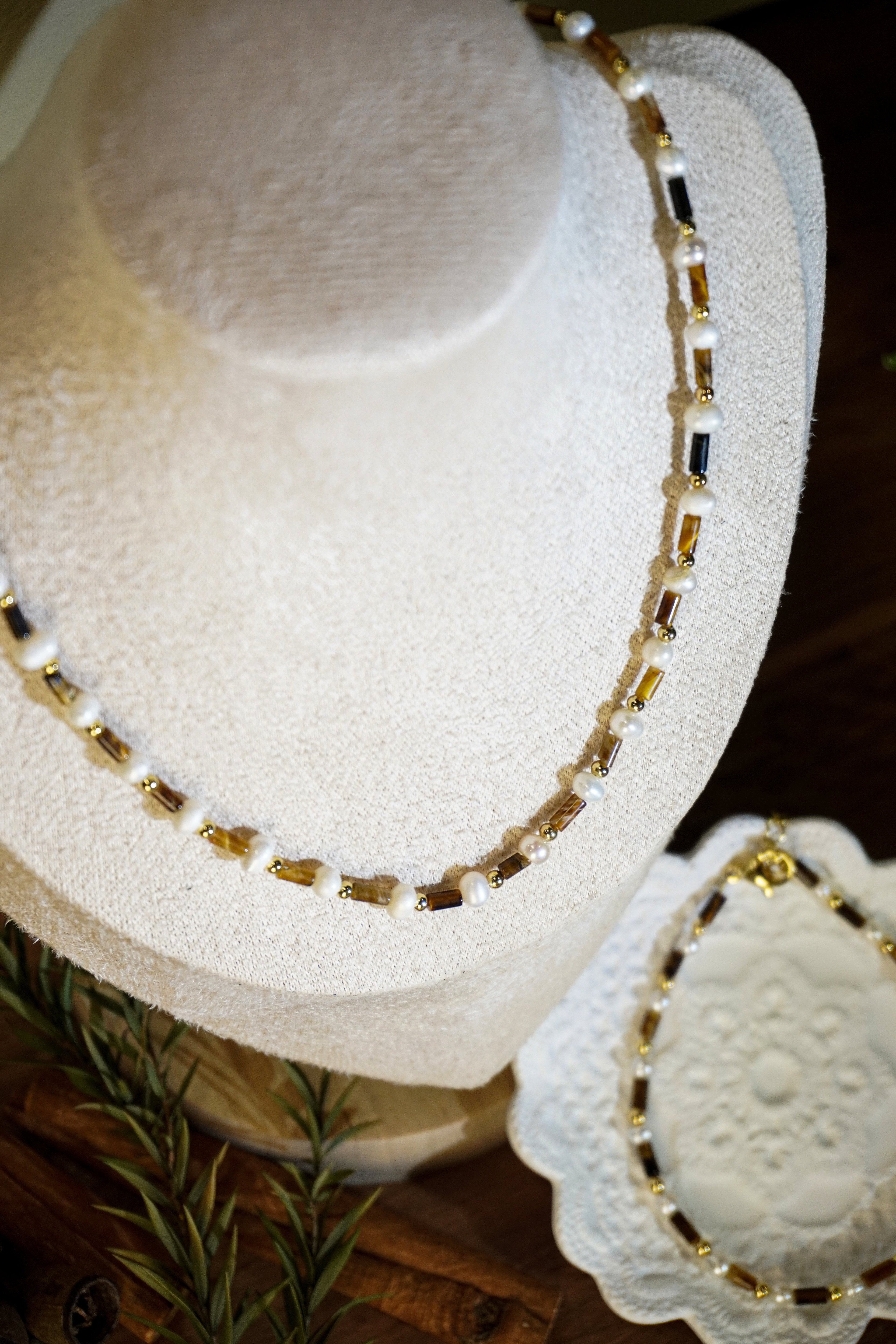 Tiger Eye Stone & Natural Pearl Beaded Necklace Bracelet Set, Gold-Plated Brass Handmade Two-Piece Jewelry Set for Women