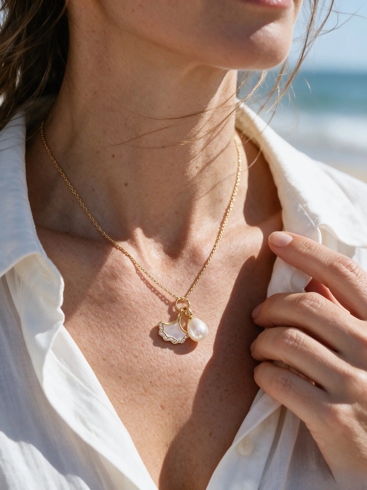Natural Freshwater Pearl & Mother‑of‑Pearl Ginkgo Leaf Pendant Necklace, Sophisticated Zircon Accent Gold Plated Necklace for Women
