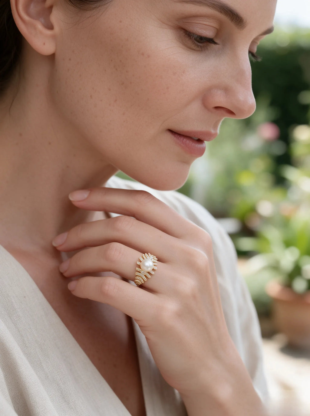 Art Deco Radiant Statement Pearl Ring, Natural Freshwater Pearl Cocktail Ring for Women